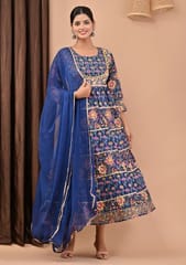Blue Colour Printed Cotton Shirt with Chiffon Dupatta