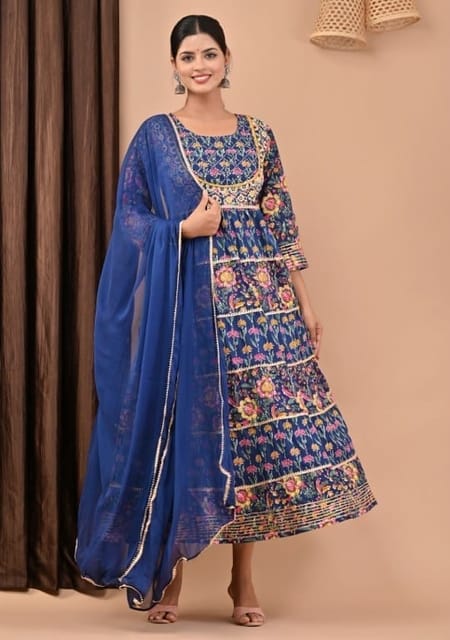 Blue Colour Printed Cotton Shirt with Chiffon Dupatta