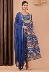 Blue Colour Printed Cotton Shirt with Chiffon Dupatta