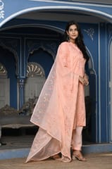 Peach Colour Printed Jam Cotton Shirt with Cotton Bottom and Printed Chinon Chiffon Dupatta