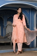 Peach Colour Printed Jam Cotton Shirt with Cotton Bottom and Printed Chinon Chiffon Dupatta