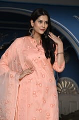 Peach Colour Printed Jam Cotton Shirt with Cotton Bottom and Printed Chinon Chiffon Dupatta