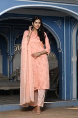 Peach Colour Printed Jam Cotton Shirt with Cotton Bottom and Printed Chinon Chiffon Dupatta