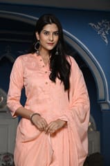 Peach Colour Printed Jam Cotton Shirt with Cotton Bottom and Printed Chinon Chiffon Dupatta