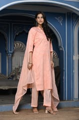 Peach Colour Printed Jam Cotton Shirt with Cotton Bottom and Printed Chinon Chiffon Dupatta