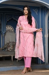 Pink Colour Printed Jam Cotton Shirt with Cotton Bottom and Printed Chinon Chiffon Dupatta