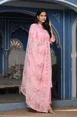 Pink Colour Printed Jam Cotton Shirt with Cotton Bottom and Printed Chinon Chiffon Dupatta