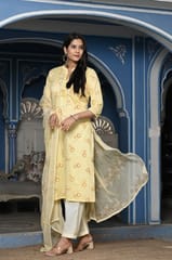 Lemon Colour Printed Jam Cotton Shirt with Cotton Bottom and Printed Chinon Chiffon Dupatta