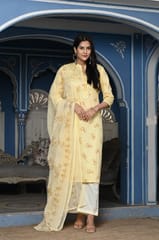 Lemon Colour Printed Jam Cotton Shirt with Cotton Bottom and Printed Chinon Chiffon Dupatta