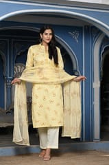 Lemon Colour Printed Jam Cotton Shirt with Cotton Bottom and Printed Chinon Chiffon Dupatta