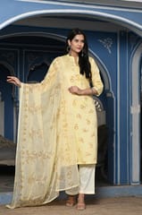 Lemon Colour Printed Jam Cotton Shirt with Cotton Bottom and Printed Chinon Chiffon Dupatta