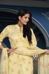 Lemon Colour Printed Jam Cotton Shirt with Cotton Bottom and Printed Chinon Chiffon Dupatta