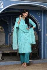 Firozi Colour Printed Jam Cotton Shirt with Cotton Bottom and Printed Chinon Chiffon Dupatta