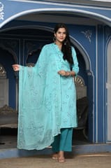 Firozi Colour Printed Jam Cotton Shirt with Cotton Bottom and Printed Chinon Chiffon Dupatta