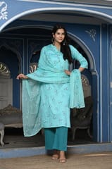 Firozi Colour Printed Jam Cotton Shirt with Cotton Bottom and Printed Chinon Chiffon Dupatta