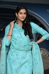 Firozi Colour Printed Jam Cotton Shirt with Cotton Bottom and Printed Chinon Chiffon Dupatta
