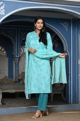 Firozi Colour Printed Jam Cotton Shirt with Cotton Bottom and Printed Chinon Chiffon Dupatta