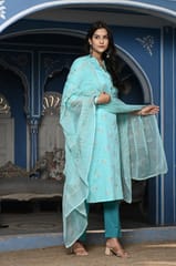Firozi Colour Printed Jam Cotton Shirt with Cotton Bottom and Printed Chinon Chiffon Dupatta