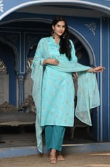Firozi Colour Printed Jam Cotton Shirt with Cotton Bottom and Printed Chinon Chiffon Dupatta