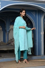 Firozi Colour Printed Jam Cotton Shirt with Cotton Bottom and Printed Chinon Chiffon Dupatta