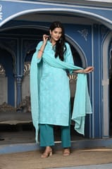 Firozi Colour Printed Jam Cotton Shirt with Cotton Bottom and Printed Chinon Chiffon Dupatta