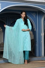 Firozi Colour Printed Jam Cotton Shirt with Cotton Bottom and Printed Chinon Chiffon Dupatta