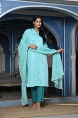 Firozi Colour Printed Jam Cotton Shirt with Cotton Bottom and Printed Chinon Chiffon Dupatta