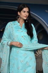 Firozi Colour Printed Jam Cotton Shirt with Cotton Bottom and Printed Chinon Chiffon Dupatta