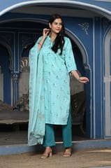 Firozi Colour Printed Jam Cotton Shirt with Cotton Bottom and Printed Chinon Chiffon Dupatta