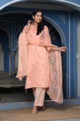 Peach Colour Printed Jam Cotton Shirt with Cotton Bottom and Printed Chinon Chiffon Dupatta