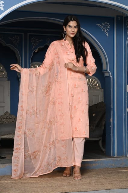 Peach Colour Printed Jam Cotton Shirt with Cotton Bottom and Printed Chinon Chiffon Dupatta