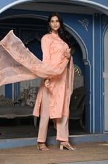 Peach Colour Printed Jam Cotton Shirt with Cotton Bottom and Printed Chinon Chiffon Dupatta