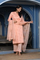 Peach Colour Printed Jam Cotton Shirt with Cotton Bottom and Printed Chinon Chiffon Dupatta