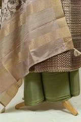 Fawn Colour Print with Embroidered Dupion Silk Shirt with Bottom and Printed Silk Dupatta