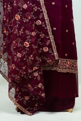 Wine Colour Embroidered Viscose Organza Shirt with Bottom and Embroidered Viscose Organza Dupatta