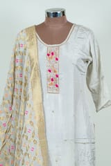 Grey Colour Embroidered Dola Silk Suit with Pant and Georgette Banarsi Dupatta