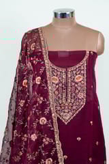 Wine Colour Embroidered Viscose Organza Shirt with Bottom and Embroidered Viscose Organza Dupatta
