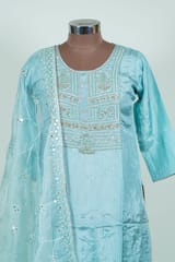 Sky Blue Colour Embroidered Dola Silk Shirt with Pant and Embroidered Organza Dupatta
