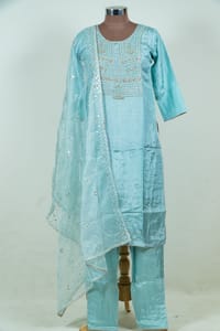 Sky Blue Colour Embroidered Dola Silk Shirt with Pant and Embroidered Organza Dupatta