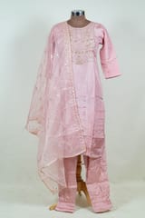 Onion Pink Colour Embroidered Dola Silk Shirt with Pant and Embroidered Organza Dupatta