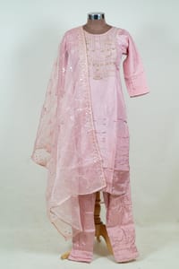 Onion Pink Colour Embroidered Dola Silk Shirt with Pant and Embroidered Organza Dupatta
