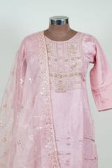 Onion Pink Colour Embroidered Dola Silk Shirt with Pant and Embroidered Organza Dupatta