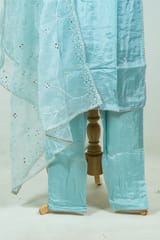 Sky Blue Colour Embroidered Dola Silk Shirt with Pant and Embroidered Organza Dupatta