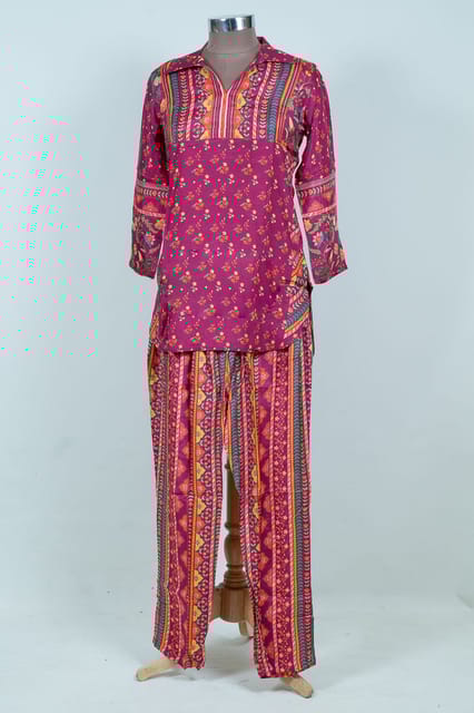 Majenta Colour Printed Muslin Top and Printed Pant