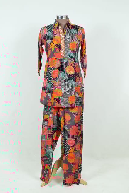 Black Colour Print with Embroidered Top with Pant