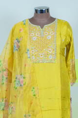 Mustard Colour Dola Silk Embroidered Shirt with Bottom Pant and Print with Embroidered Organza Dupatta