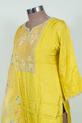 Mustard Colour Dola Silk Embroidered Shirt with Bottom Pant and Print with Embroidered Organza Dupatta