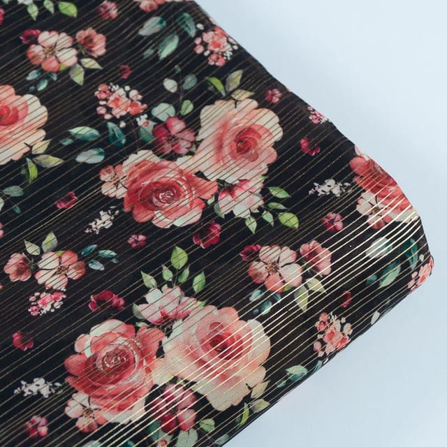 Black Colour Georgette Foil Printed Fabric (50CM Piece)