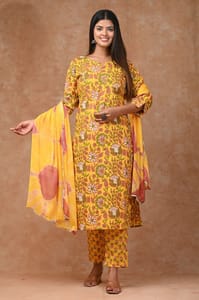 Yellow Colour Cotton Printed Shirt with Cotton Printed Bottom and Chiffon Printed Dupatta
