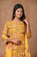Yellow Colour Cotton Printed Shirt with Cotton Printed Bottom and Chiffon Printed Dupatta